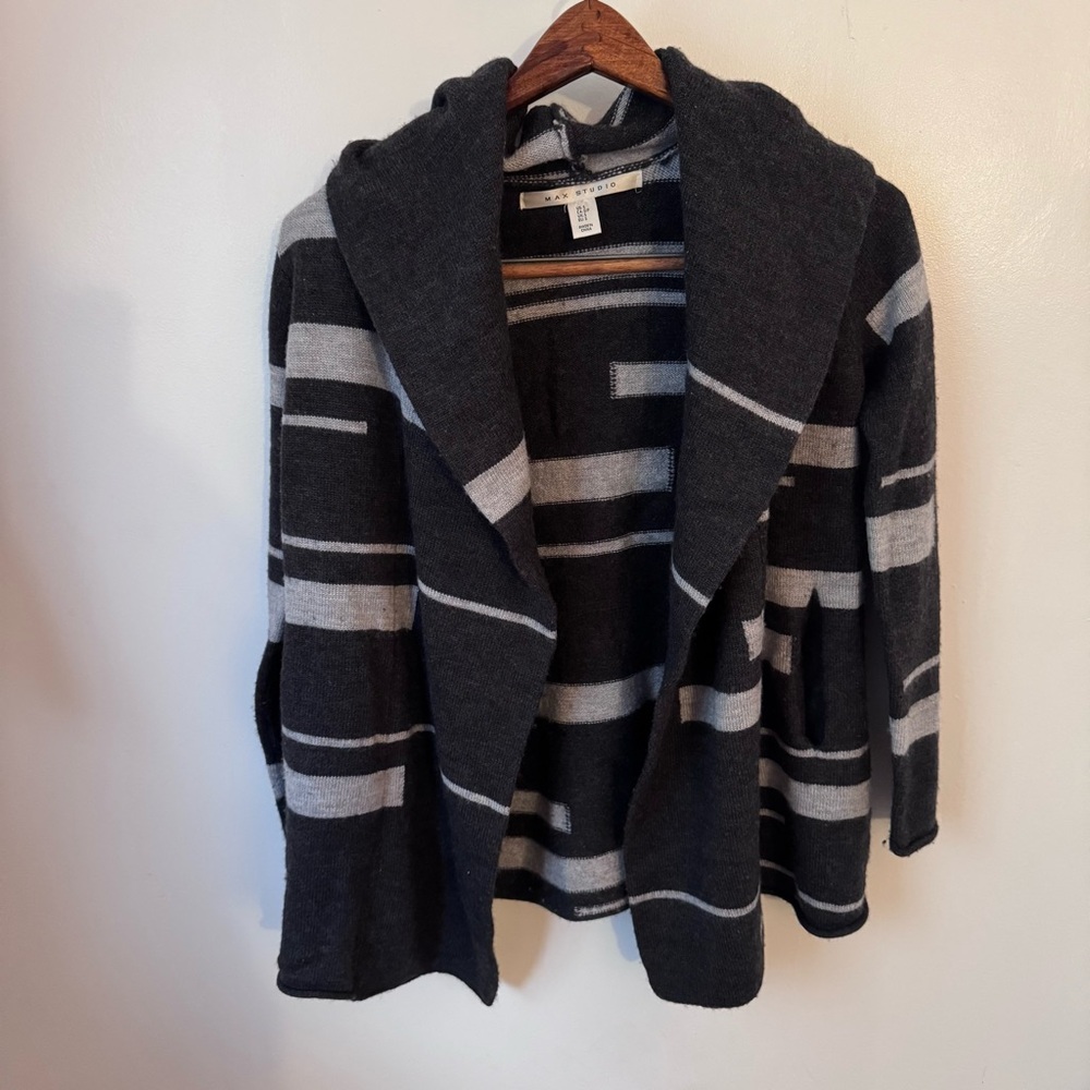 Max Studio Open Hooded Cardigan Striped Black/Grey  Size Small Merino Wool Blend